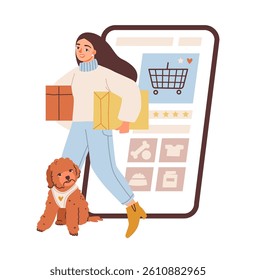 Woman shopping online with her dog. Female shopper using a smartphone app for online purchases. Flat vector illustration.