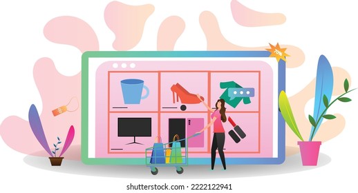 A woman is shopping online from her tablet that is convenient, easy, and cheap. There are many products that he needs.
Inside the picture, there is a large tablet screen and in an online shopping app,