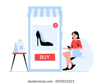 Woman Shopping Online For High Heels In Flat Vector Illustration Symbolizing E Commerce, Fashion Retail, And Digital Shopping, Isolated On White Background