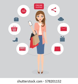 woman shopping online with mobile phone character. people communication technology.