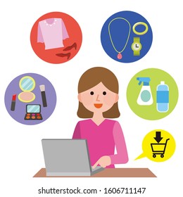 A woman shopping online on a computer illustration