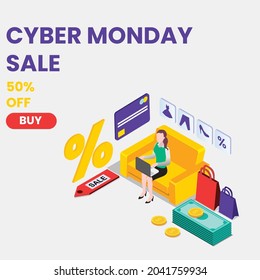 Woman shopping online on Cyber Monday 3d isometric vector illustration concept for banner, website, landing page, ads, flyer
