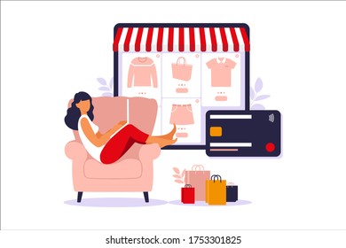 Woman shopping online on laptop. Vector illustration. Online store payment. Bank credit cards. Digital pay technology. E-paying. Flat style modern vector illustration.