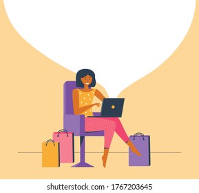 Woman shopping online on laptop. Customer selects the goods to online order. Shopper use internet device buy product e-commerce. Square banner with an empty space for text. Vector flat illustration