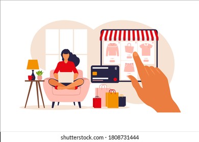 Woman shopping online on laptop. Vector illustration. Online store payment. Bank credit cards. Digital pay technology. E-paying. Flat style modern vector illustration.