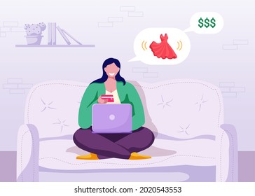 Woman shopping online on laptop sitting on a comfortable couch. Girl surfing internet and making order, purchase in internet store. Buying a dress in fashion boutique. Cartoon vector illustration.