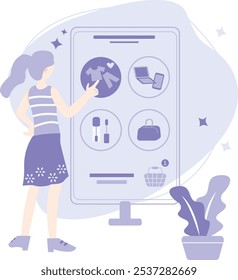 Woman shopping online on screen in flat illustration. standing women doing online shopping using her phone with and adding women's clothing in cart