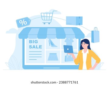 woman shopping in online shop trending concept flat illustration