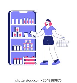 Mulher Fazendo Compras On-Line Com Smartphone E Cesta Em Ilustração De Vetor Plano Simbolizando A Conveniência, Compras De Mercadorias On-Line E Comércio Eletrônico, Isolados Em Fundo Branco.