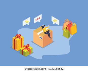 Mujer comprando regalos especiales en línea durante la venta en línea en sitios web o aplicaciones de teléfonos móviles. concepto vectorial isométrico