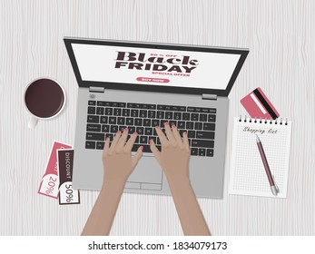 Woman is shopping at online store. Black friday sale. Workspace with laptop, credit card and discount coupons. Top view, flat lay. Vector illustration