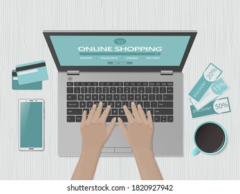 Woman is shopping at online store. Online shop website on computer screen.. Workspace with laptop, smartphone, credit cards and discount coupons. Top view, flat lay. Vector illustration