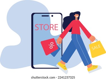 Mujer con compras y tienda online.ilustración vectorial plana.
