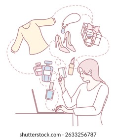 A woman is shopping online, surrounded by various fashion items, trendy clothing, and stylish cosmetics