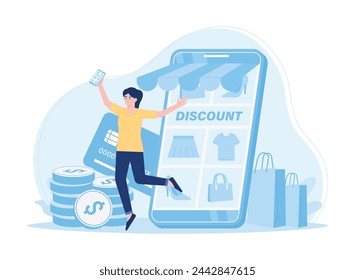 A woman shopping online using a cellphone trending concept flat illustration