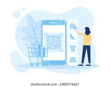 a woman shopping online using her mobile phone trending  concept flat illustration