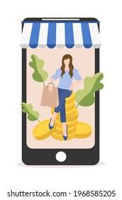 Woman is shopping online while staying at home to keep the distance and stay away from COVID-19. A woman spends a lot of money for online shopping. Shopping addiction woman.
