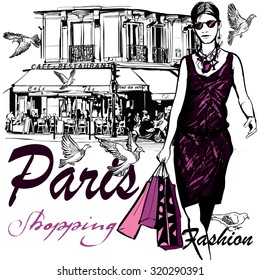 Woman shopping in Paris - Vector Illustration