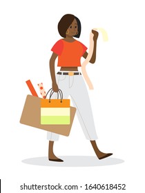 Woman shopping. Person with shopping bags. Big sale and discount concept. Cheerful buyer. Vector illustration in cartoon style