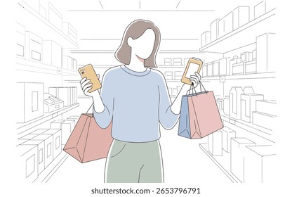 Woman Shopping with Phone and Bags in Minimalist Store Illustrat