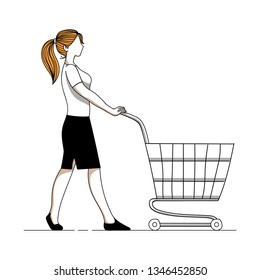 A woman is shopping pushing a trolley