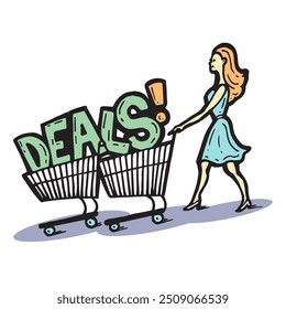 Mujer de compras y empujando dos Carritos de compras llenos de la palabra ofertas. El Arte vectorial retro simboliza ahorrar dinero, comprar gangas y ahorrar en línea.