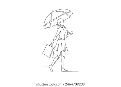 Woman shopping in the rainy season. Monsoon sale one-line drawing