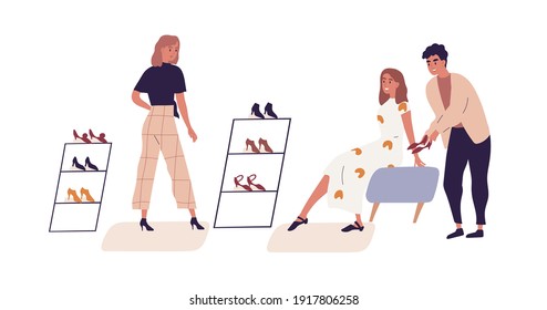 Woman shopping in retail shoe store choosing footwear with help of salesman and personal fashion stylist or consultant. Colored flat cartoon vector illustration isolated on white background.