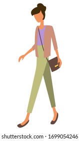 Woman with shopping sack isolated person at marketplace. Vector lady with sack, cartoon style person in shirt and trousers on high heel, side view profile