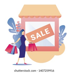 Woman Shopping Sale Shop Proposition Flat Banner Vector Fashion Elegant Female Character Holding Paper Bags Purchase Store Advertising Landing Page Promotion Mobile App Flayer Floral Illustration