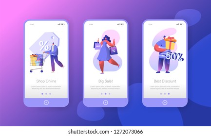 Woman Shopping Sale Store Mobile App Page Onboard Screen Set. Customer Character Run for Big Ecommerce Discount Gift Concept for Website or Web Page. Flat Cartoon Vector Illustration svg