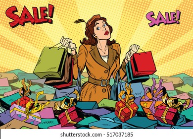 Woman with shopping in a sea of sales, pop art retro vector illustration