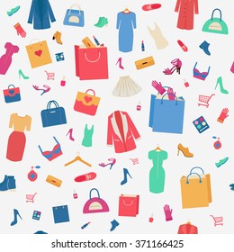 Woman Shopping Seamless Pattern with Clothing and Cosmetics