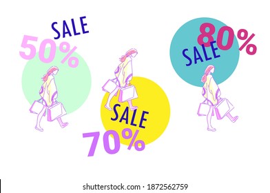 Woman shopping sessions at a discount price with many shopping bags. Big Christmas Sales or New Year Sales when the product price the most discount from 50% up to 80%. Vector illustration.
