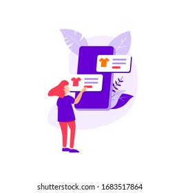 Woman shopping shirt illustration. Online shopping. Mobile shopping. E-commerce. Vector illustration 