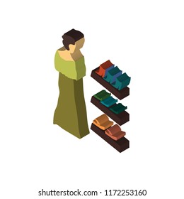 Woman shopping shoes on sale isometric left top view 3D icon