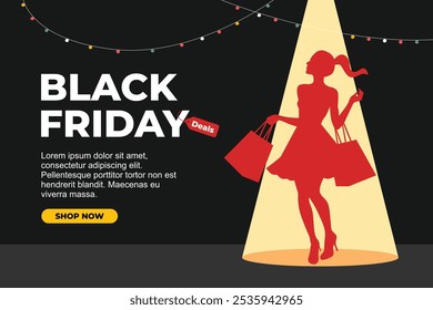 Woman shopping silhouette black friday sale background black