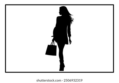 Silueta de compras de la mujer, conjunto de iconos de Shopping Girl, icono de estilo de niña de compras feliz