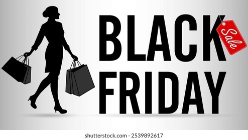 Mujer de compras en silueta con un bolso con estilo, promociones de Black Friday, etiqueta de venta de compras