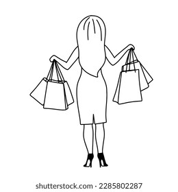 Woman shopping sketch, doodle outline illustration. Girl with bags
