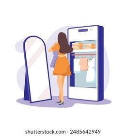 una mujer de compras con el teléfono inteligente. ilustración Vector