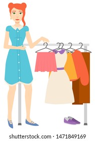 Woman shopping in store vector, isolated customer female character holding skirt. Person looking at dress and jacket on hanger, shoes in shop. Garage sale, event for sale used goods. Flat cartoon