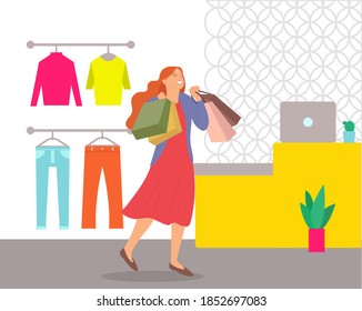 Woman is shopping in the store. Young beautiful happy fashion shopper girl picks up packages. Female character with packages at the checkout in a boutique. Hanger with a wide selection of clothes