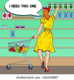 Woman Shopping at the Supermarket with Cart Choosing Product from Shelf. Pop Art vector illustration