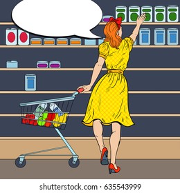 Woman Shopping at the Supermarket with Cart Choosing Product. Pop Art vector illustration