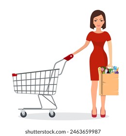 Woman shopping in supermarket. shopping cart. woman hold grocery paper shopping bag with food. Vector illustration in flat style