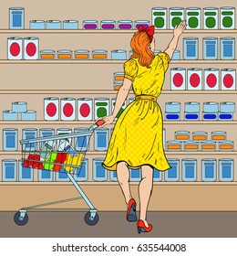 Woman Shopping at the Supermarket with Cart. Pop Art vector illustration