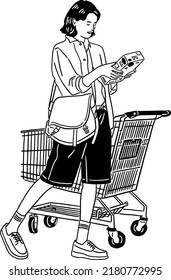 Woman Shopping in supermarket City People lifestyle Hand drawn line art Illustration