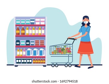 woman shopping in supermarket with face mask vector illustration design