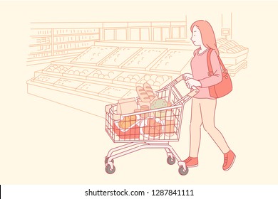 Woman shopping in the supermarket with market trolley in line style